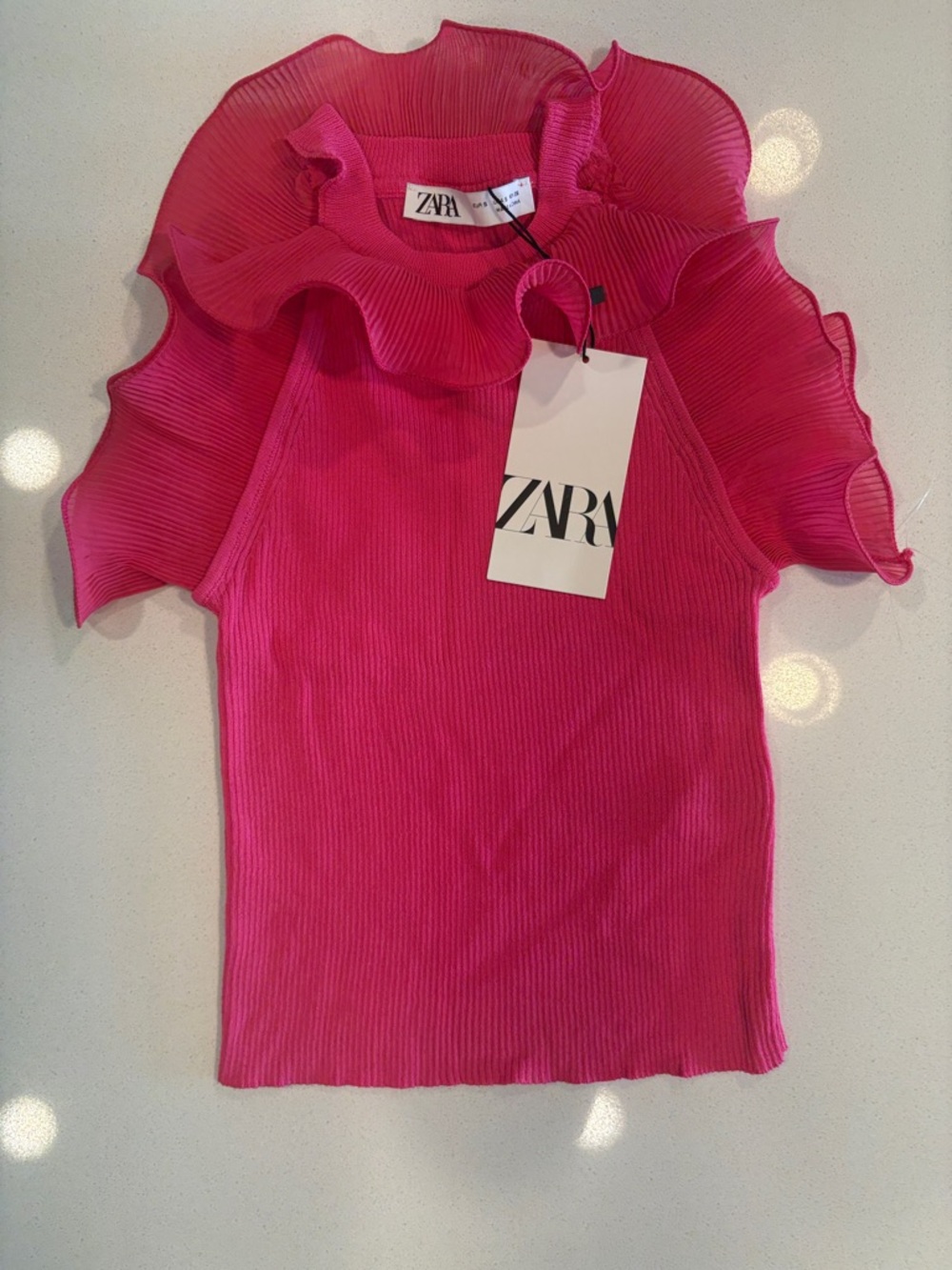 Zara Hot Pink Ribbed Ruffle Cold-Shoulder Tank - Picture 4 of 7